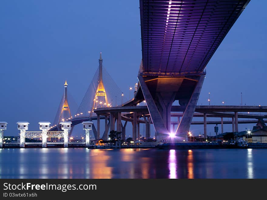 Bhumibol Bridge in Bangkok Thailand At night.