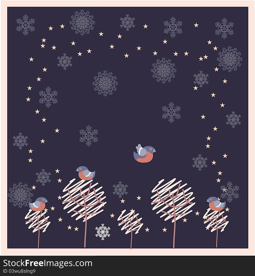 Winter background with bullfinches and stars and snowflakes. Winter background with bullfinches and stars and snowflakes