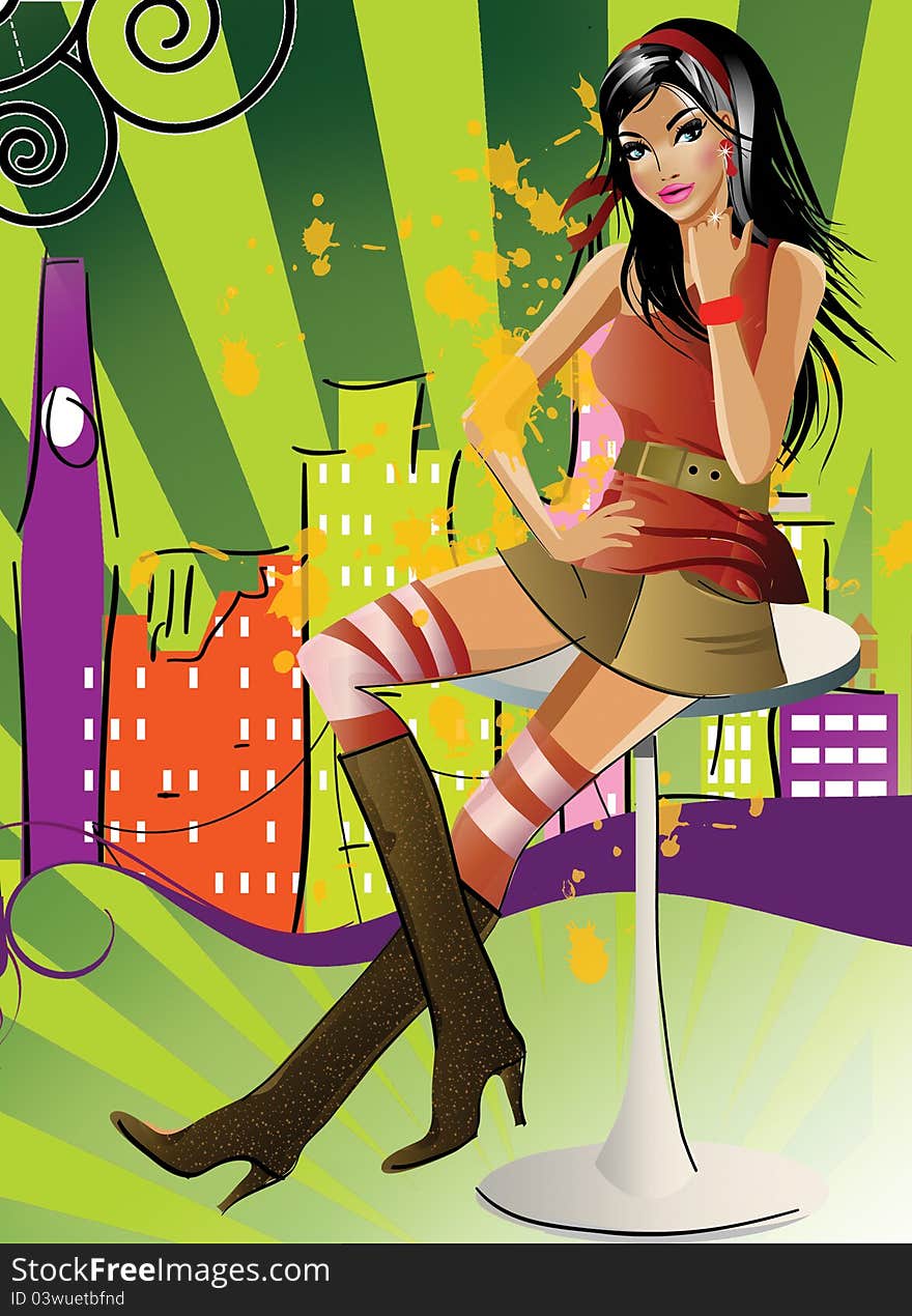 Illustration of a pretty girl on a creative background. Illustration of a pretty girl on a creative background