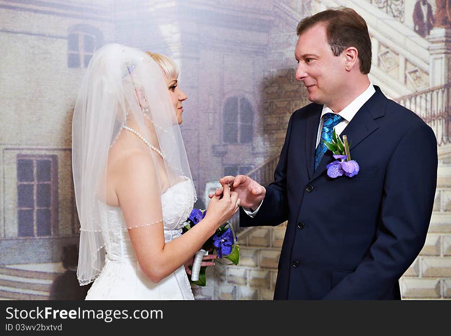 Elegant Bride Wears Wedding Ring A Happy Groom