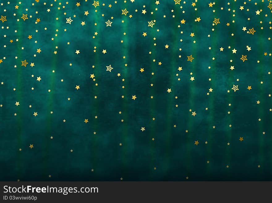 Shimmering golden stars in front of a dark, blue-green background, as if they were slowly falling from the sky. Shimmering golden stars in front of a dark, blue-green background, as if they were slowly falling from the sky