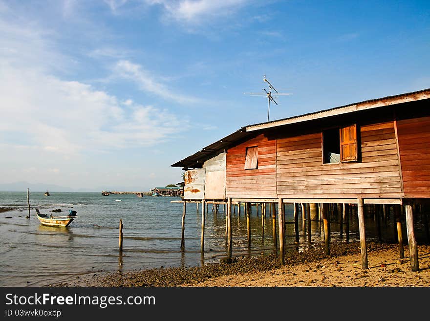 Fisher house at the beach with sunlight and the blue sky, Koh pituk in Chumpon Thailand. Fisher house at the beach with sunlight and the blue sky, Koh pituk in Chumpon Thailand