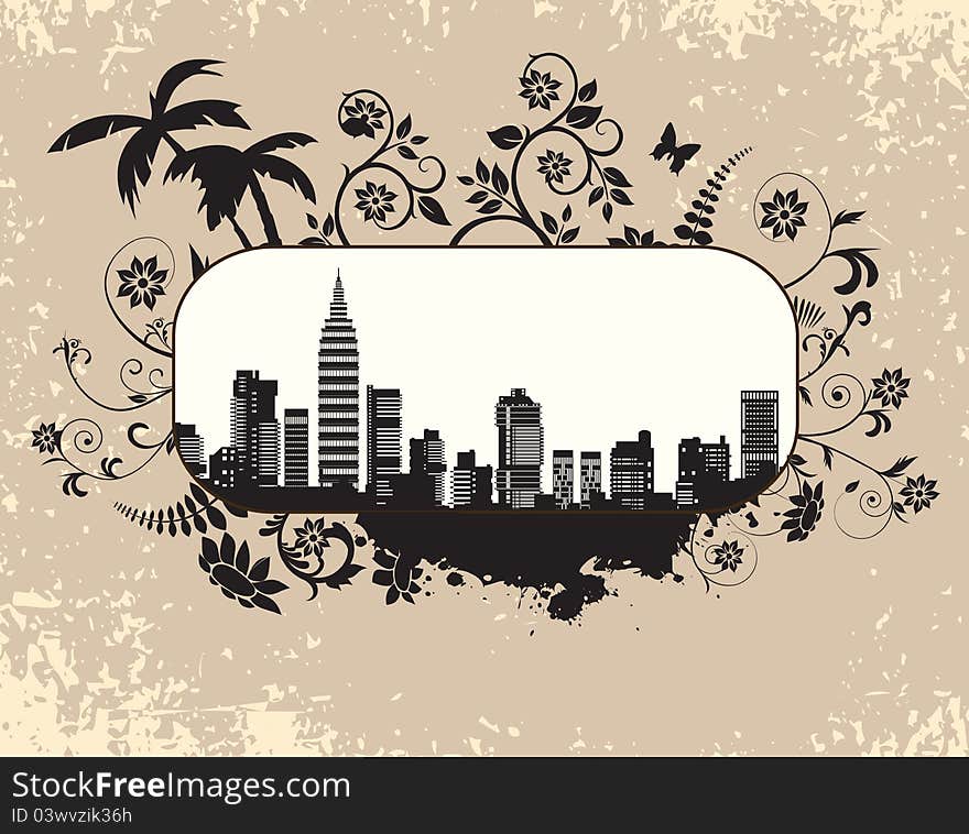 The city's skyline in the background floral ornament