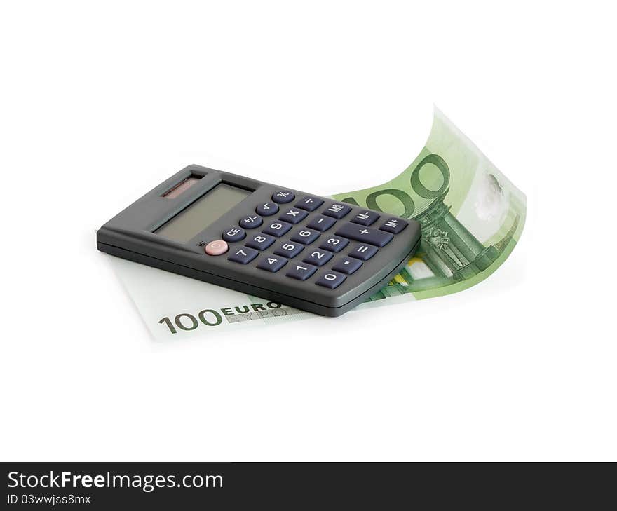 Waved one hundred euro note and calculator on white background. Isolated with clipping path. Waved one hundred euro note and calculator on white background. Isolated with clipping path