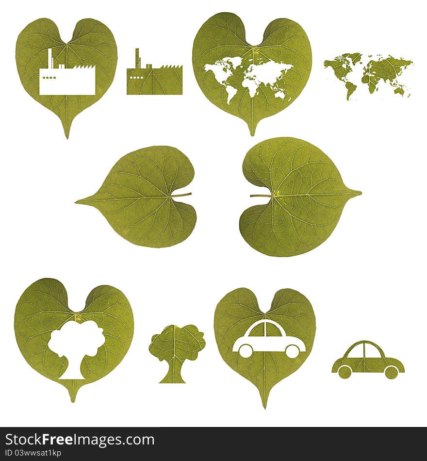 Green leaf, car, industry, world map isolated