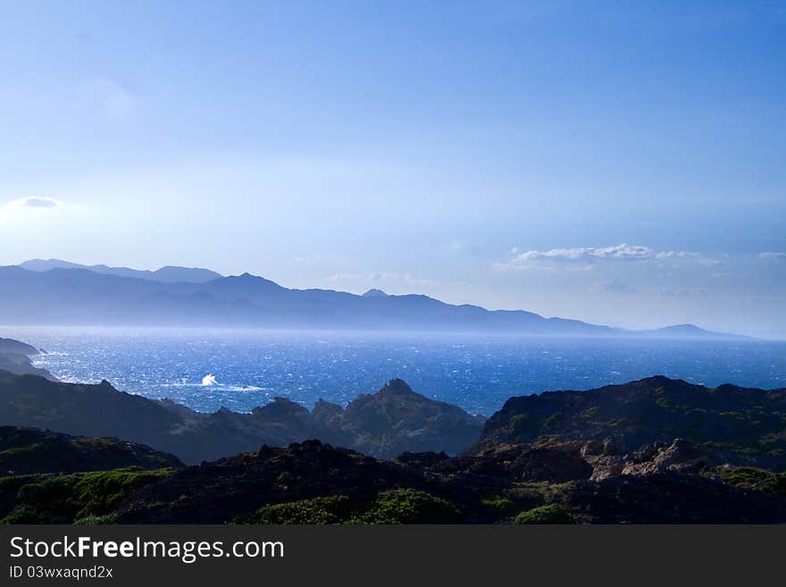 Sea coast in Costa Brava with mountains