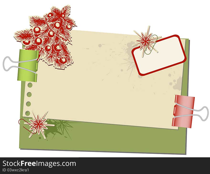 Christmas background with old spotted paper and paperclips