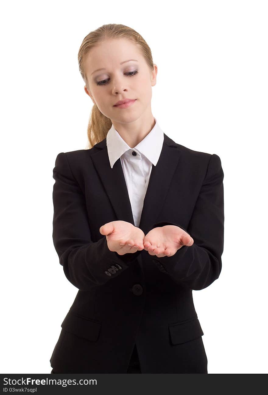 Business woman presenting something imaginary over white