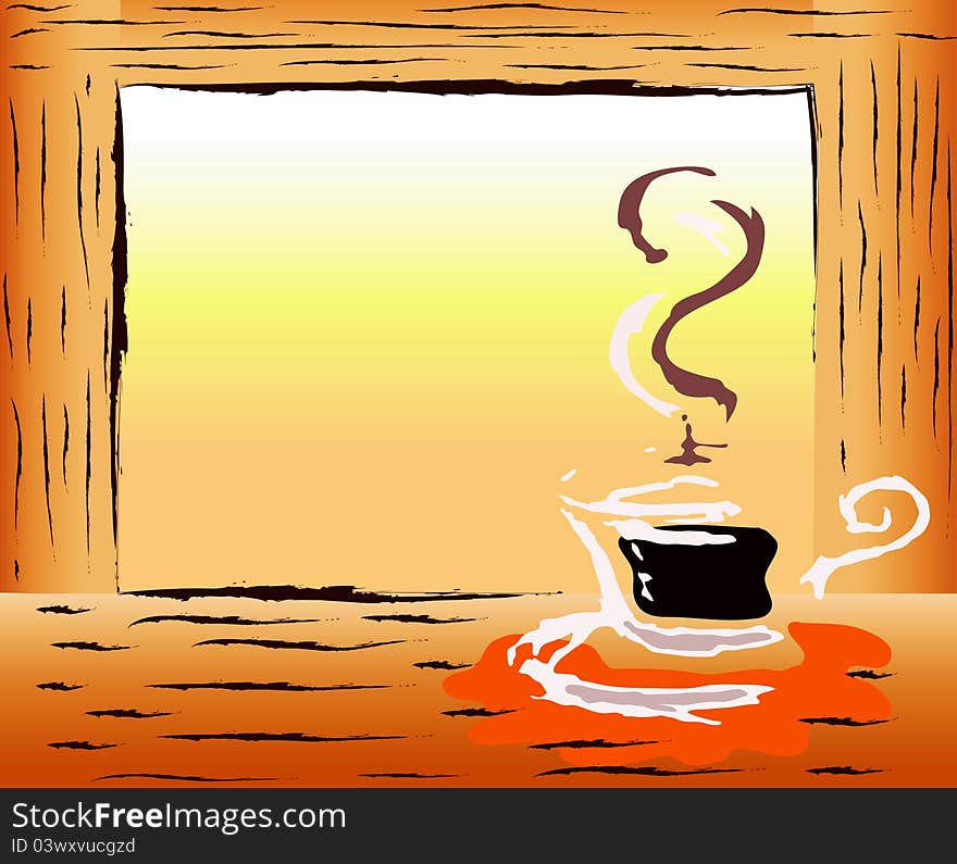 Illustration of coffee cup with black coffee with a yellow and orange background.