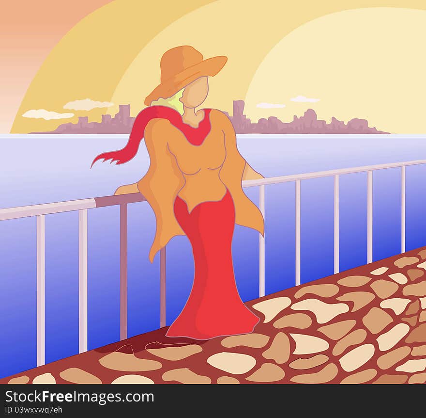 Illustration of a sexy woman with no face leaning on the fence. Rear buildings and sea at  the background. Illustration of a sexy woman with no face leaning on the fence. Rear buildings and sea at  the background.