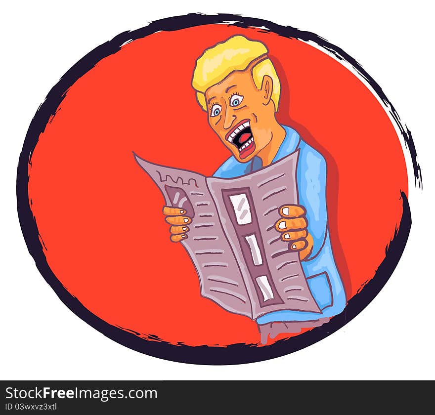 Illustration of a cartoon man reading a newspaper with a background of oval shape filled with orange color. Illustration of a cartoon man reading a newspaper with a background of oval shape filled with orange color.