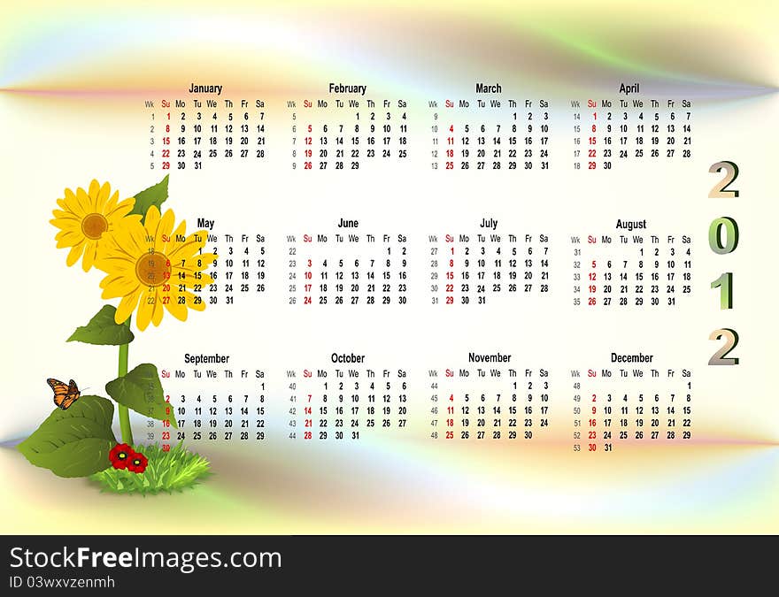 2012 monthly colorful calendar with sunflowers on soft background. 2012 monthly colorful calendar with sunflowers on soft background