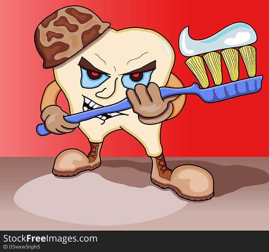 Illustration of cartoon character of a tooth marine holding a toothbrush with a toothpaste as his armor fighting tooth de. Illustration of cartoon character of a tooth marine holding a toothbrush with a toothpaste as his armor fighting tooth de.