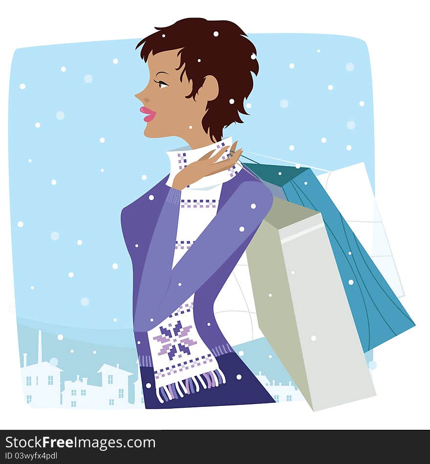 Lady with shopping bags at winter season. Lady with shopping bags at winter season