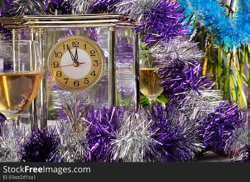 New Year's setting with wine, glass, christmas decoration. New Year's setting with wine, glass, christmas decoration