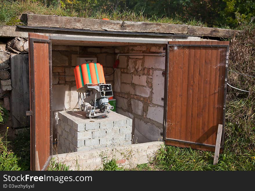 Clay pigeon throwing machine in the bunker. Clay pigeon throwing machine in the bunker