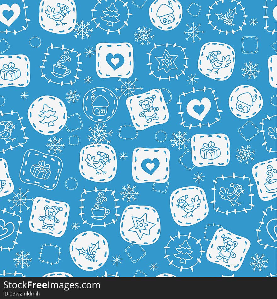 Seamless pattern with little winter pictures on blue background. Vector illustration. Seamless pattern with little winter pictures on blue background. Vector illustration