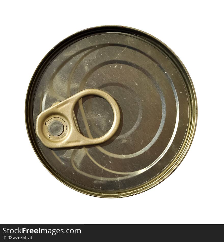 A top view of a can where its circular closed lid is portrayed. A top view of a can where its circular closed lid is portrayed