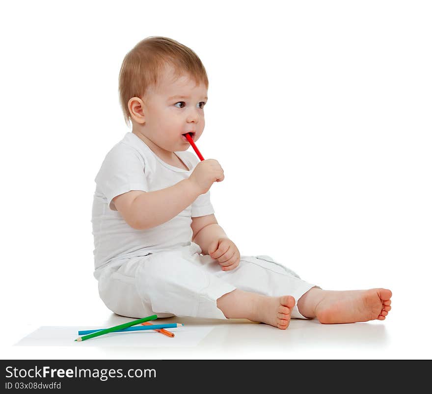 Funny Baby Boy Drawing With Color Pencils