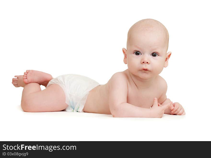 Funny Baby Boy Lying On Tummy Isolated On White