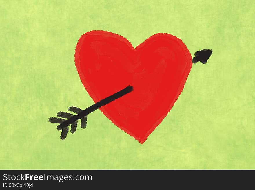 Heart and arrow sketch on green background