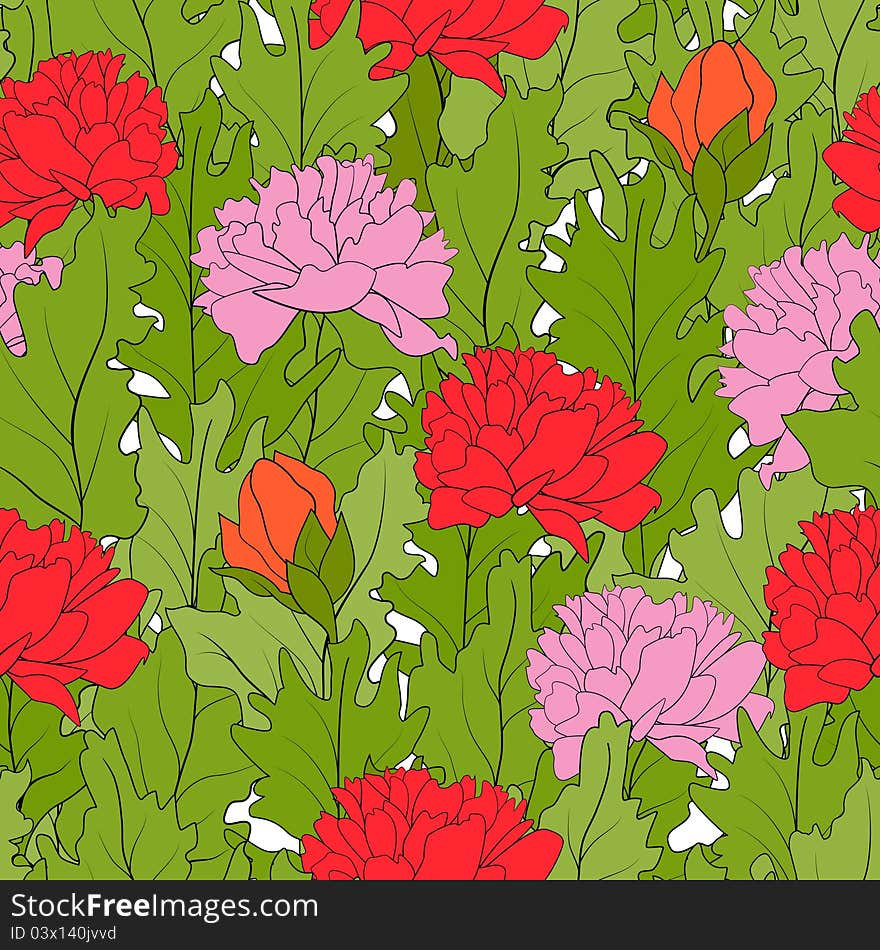 The seamless of a color peonies and green leafs. The seamless of a color peonies and green leafs