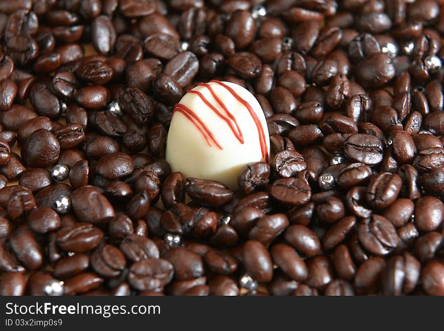 White Chocolate In The Middle Of Coffee Seeds