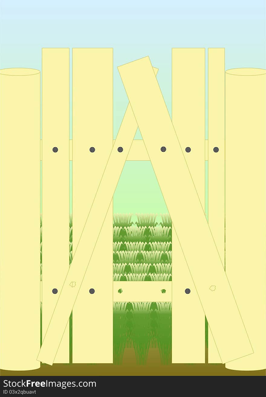 The plot of the fence, between the gardens, with a manhole on the background of green. The plot of the fence, between the gardens, with a manhole on the background of green.