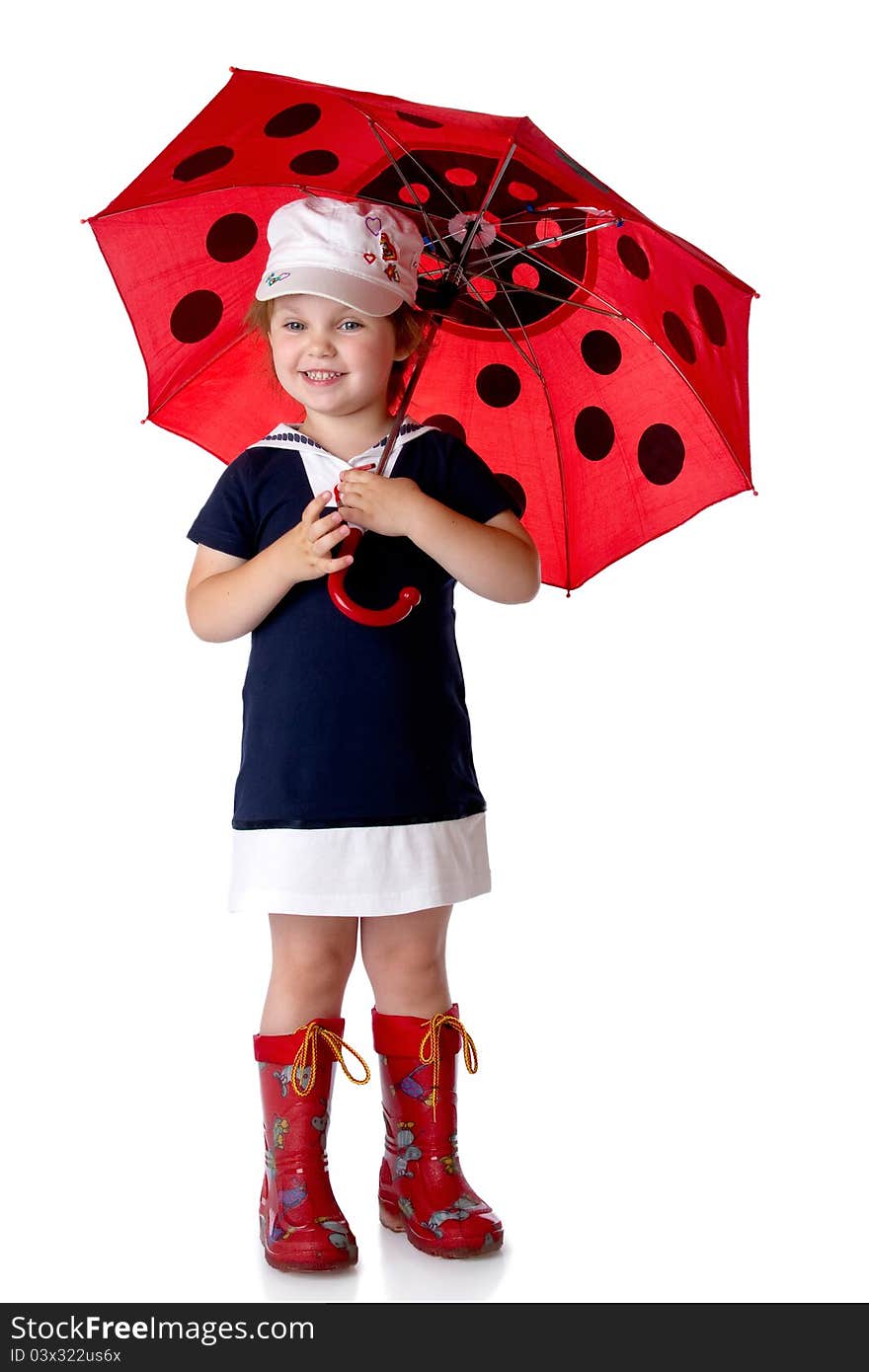 The little girl with an umbrella and in rubber boots. on a white background