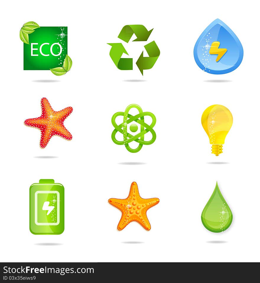Glass and green nature energy sign set isolated