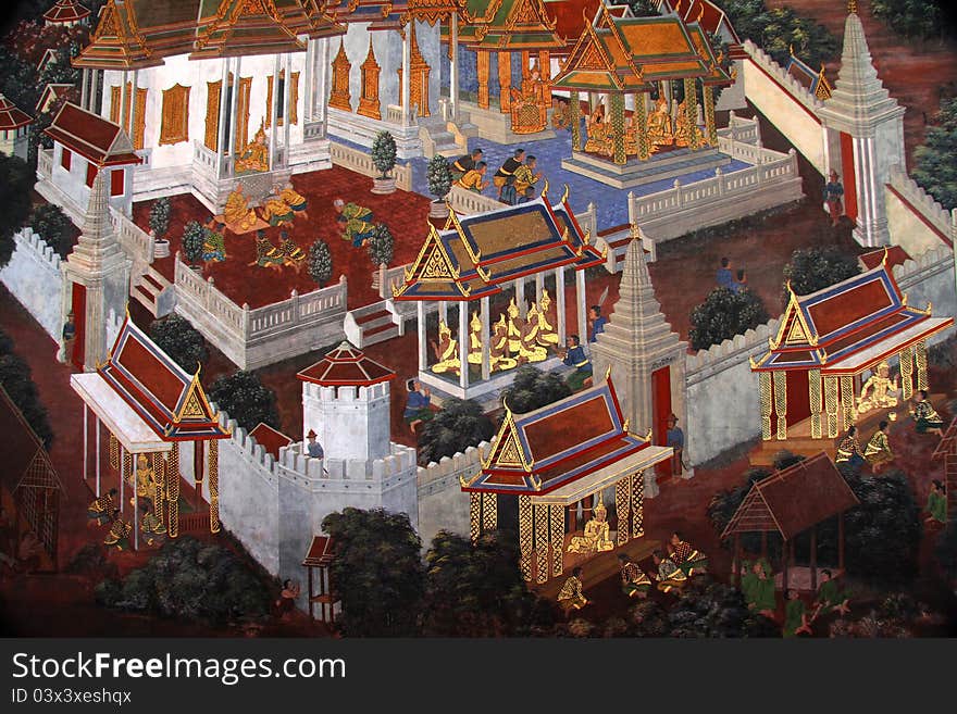 A decorated wall at Wat Phrakaew Temple