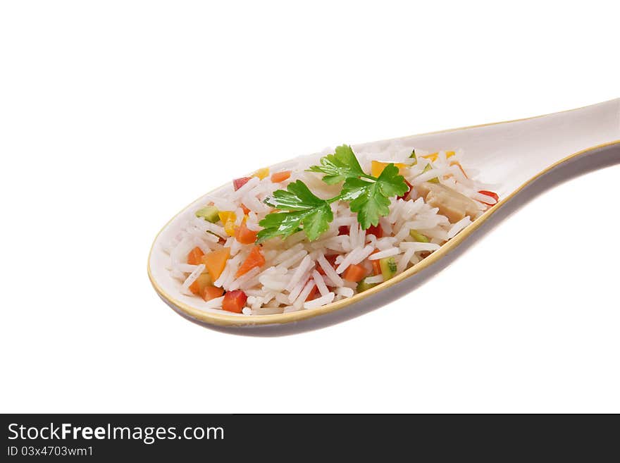 Rice salad with cheese , artichokes, carrots, mushrooms pepper,on white background. Rice salad with cheese , artichokes, carrots, mushrooms pepper,on white background