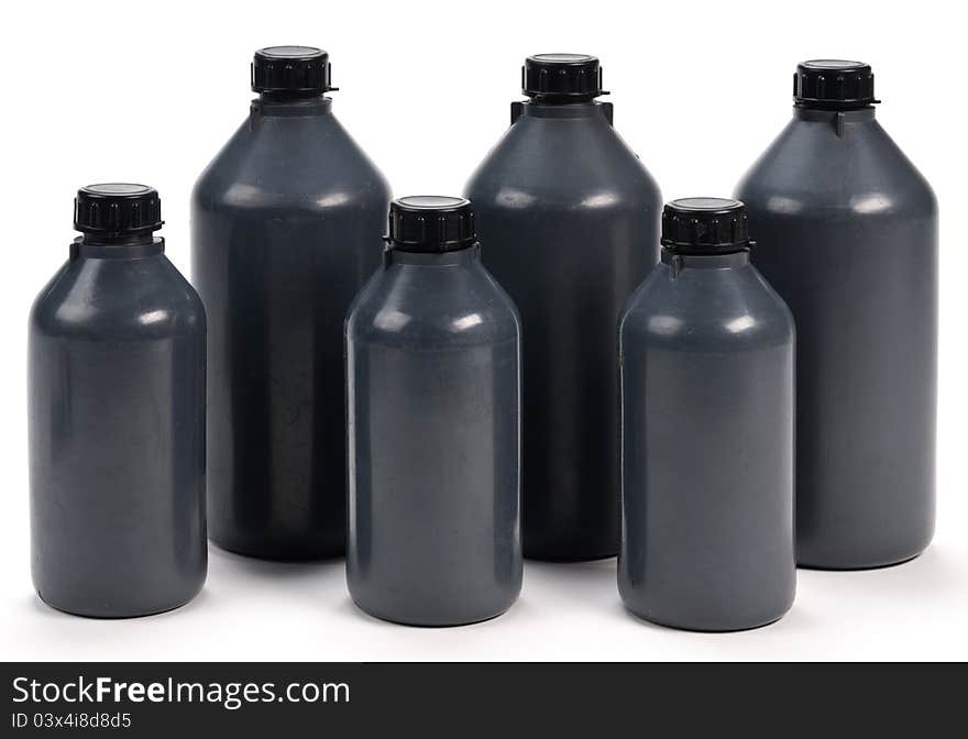 Black plastic bottle of various sizes