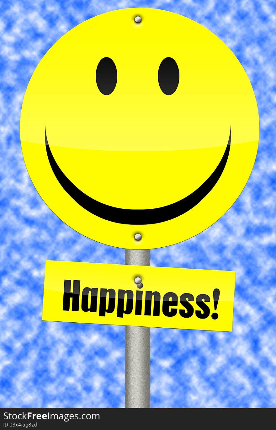 Yellow happy sign with blue sky background