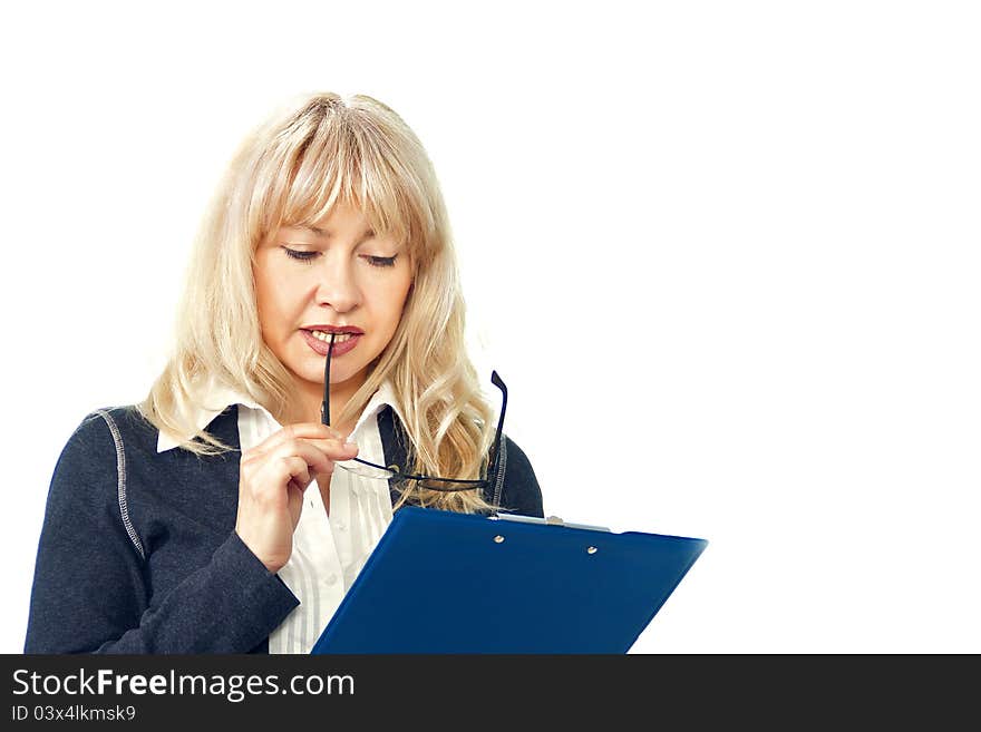 Woman thoughtfully read the documents