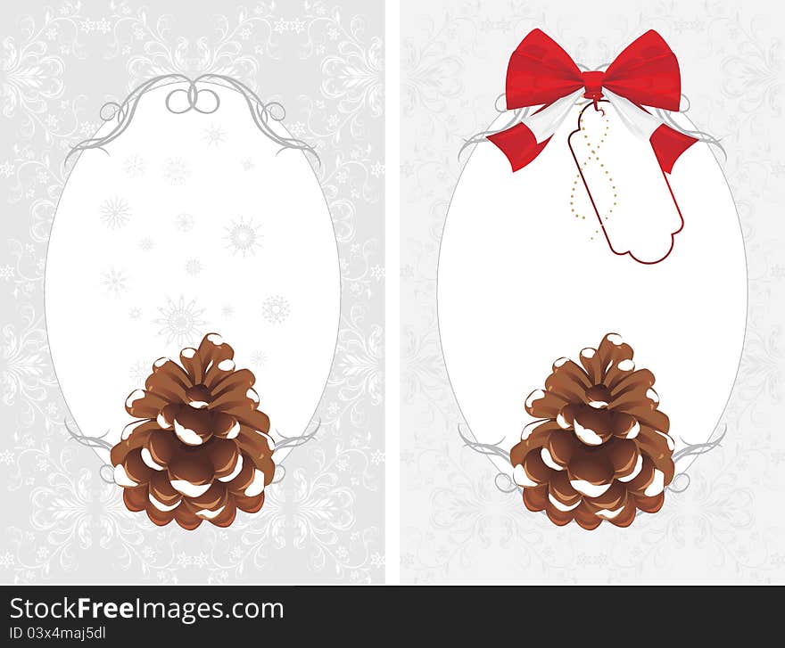 Frame with pinecone on the decorative background. Two cards. Illustration