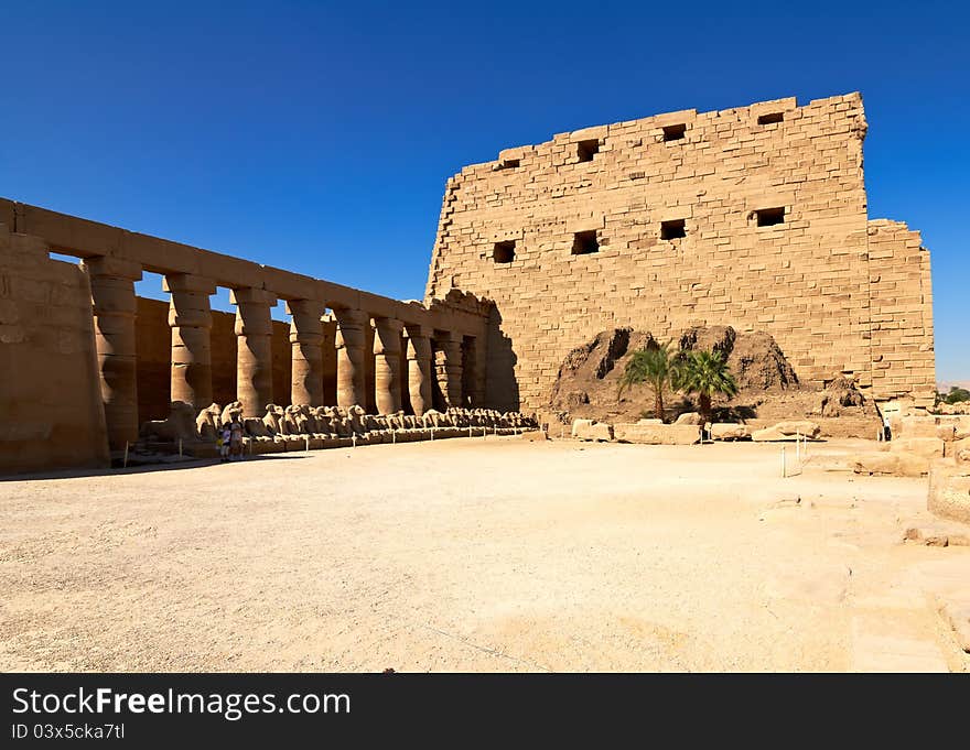 Alley of ram-headed sphinxes in the main court of Karnak temple of Amun, Egypt