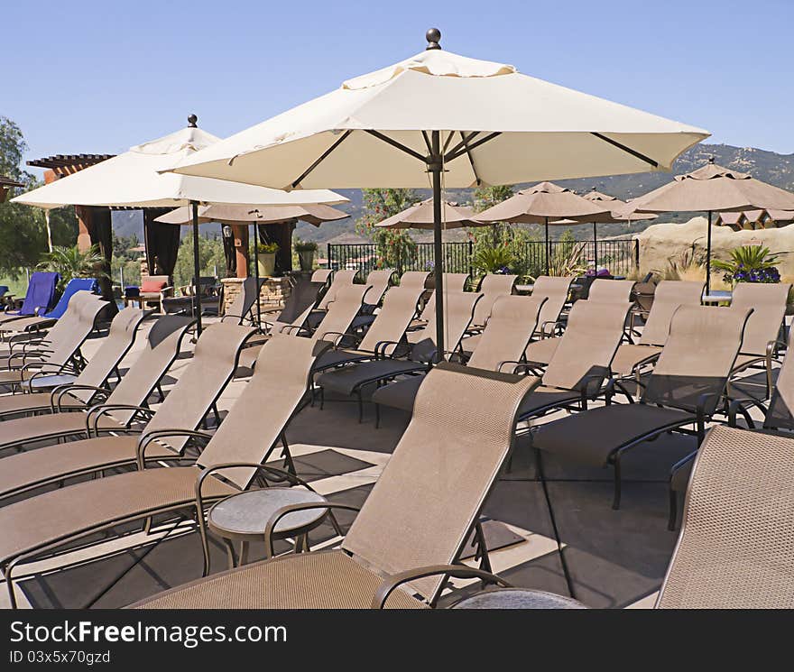 Row of empty sunloungers and parasols