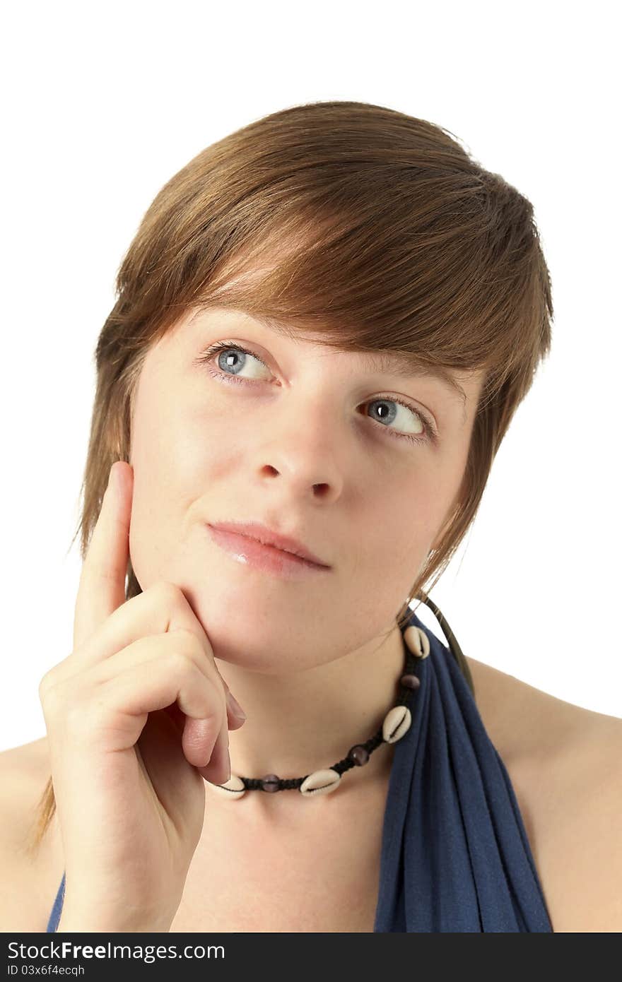 Young woman looking happy and thoughtful. Young woman looking happy and thoughtful