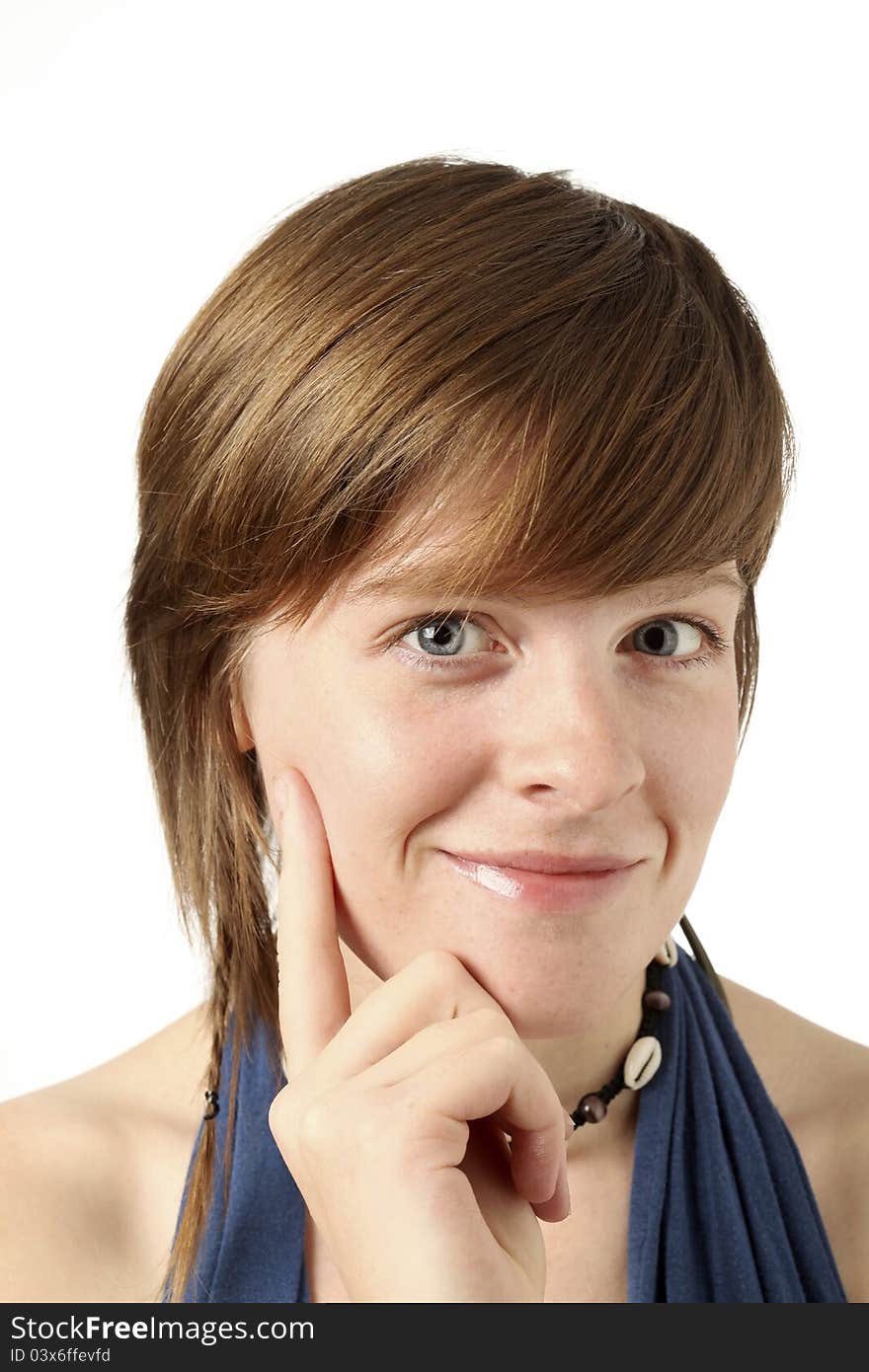 Young woman looking happy and thoughtful. Young woman looking happy and thoughtful