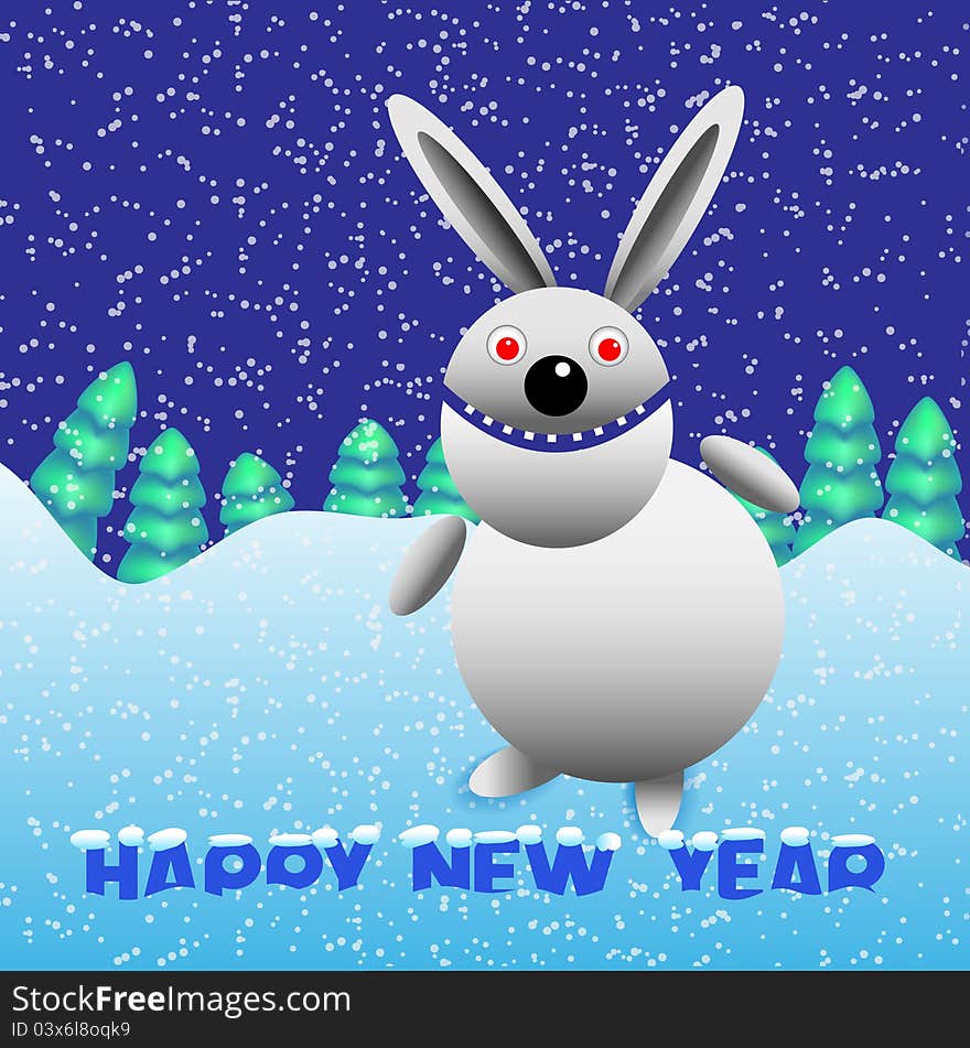 Funny Rabbit with snow in the forest.Vector illustration