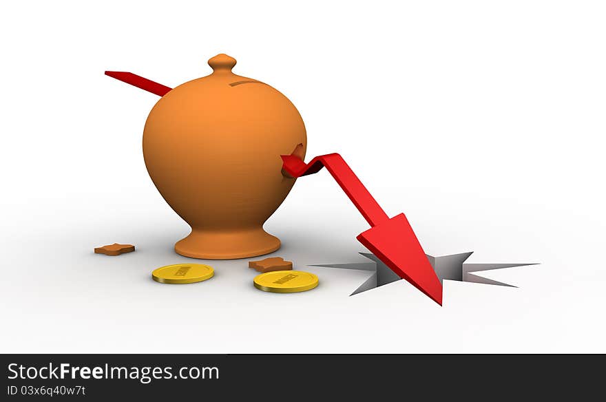 One broken money box, with a negative chart crossing it (3d render). One broken money box, with a negative chart crossing it (3d render)