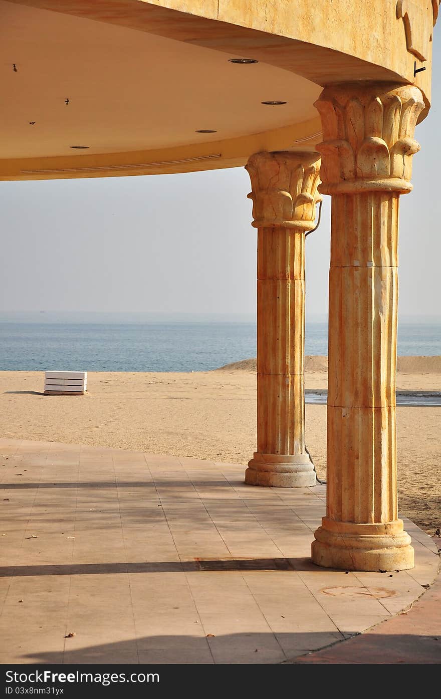 Greek beach panorama with ancient columns. Greek beach panorama with ancient columns