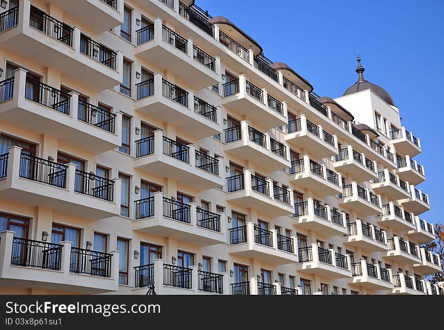 Windows, tower and balconies