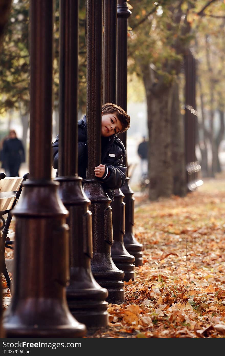 Little boy in autumn park.