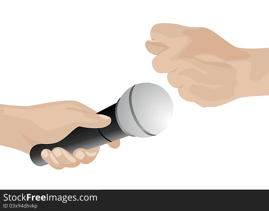 Gestures. Hand holding a microphone and fig. The illustration on a white background. Gestures. Hand holding a microphone and fig. The illustration on a white background