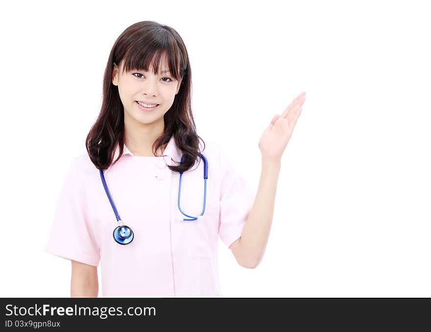 Young asian female nurse hand showing blank sign