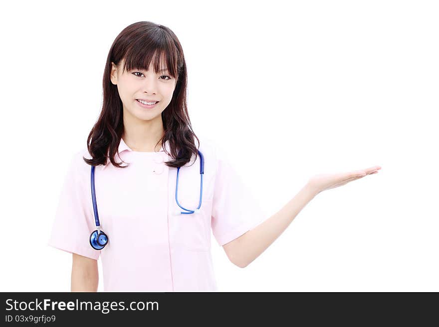 Young asian female nurse hand showing blank sign