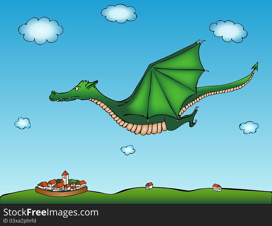 Cartoon green dragon with village background. Cartoon green dragon with village background