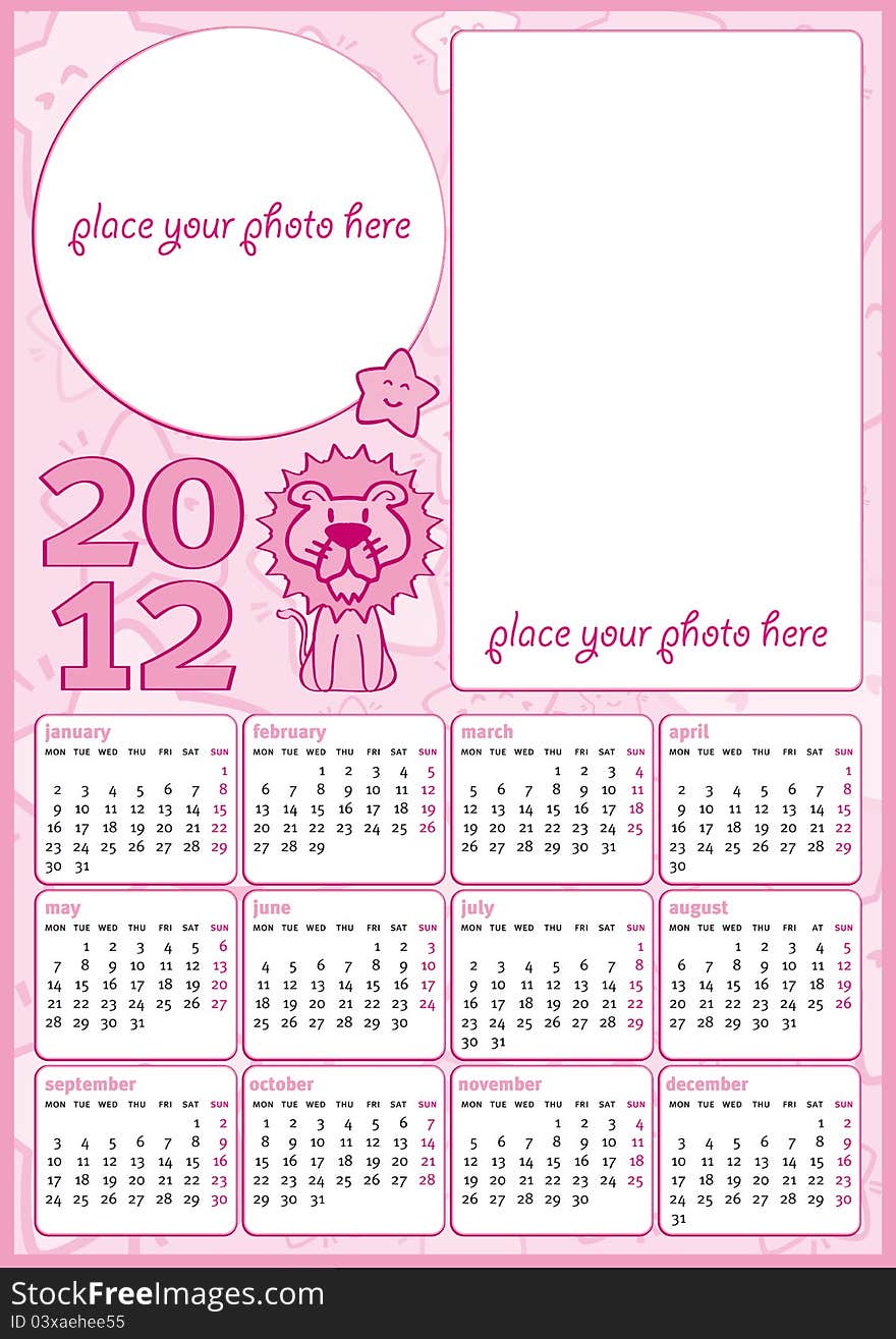 Little girl calendar 2012 in english, pink colours with two blank frames for photos